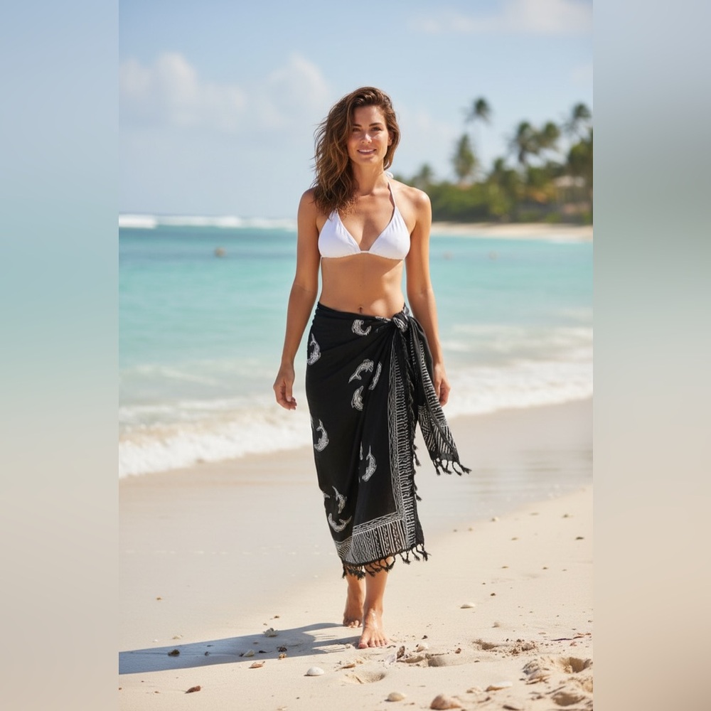 Sarong Beach Wrap Scarf Coverup w Fringe in Black & White - Picture 3 of 13
